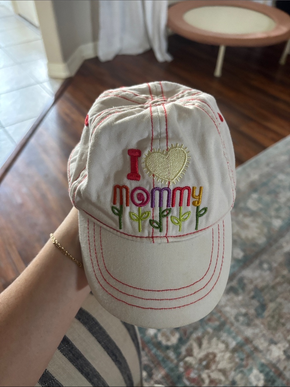 I Heart Mommy Embroidered Kids Baseball Cap - Cream with Multicolor Stitching